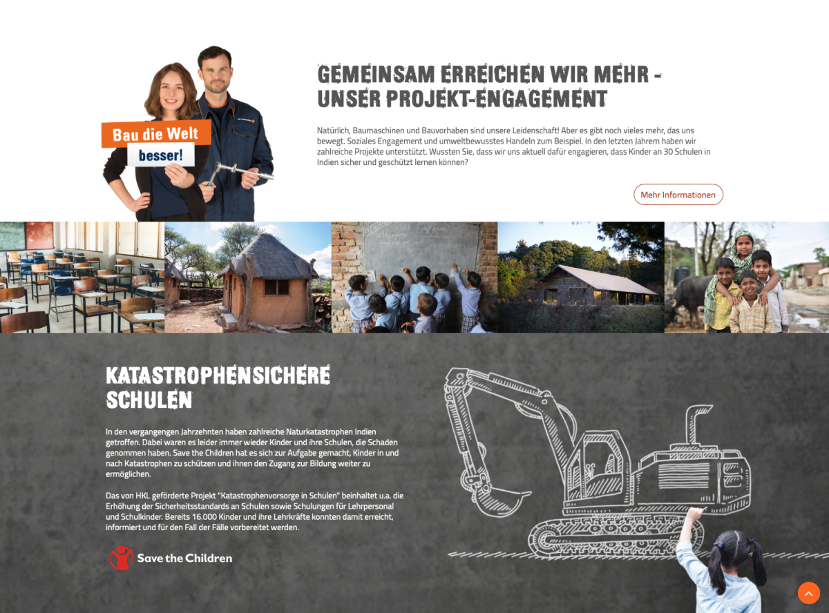 Projektseite mit Personenfotos und Informationen zu „Bau die Welt besser“.