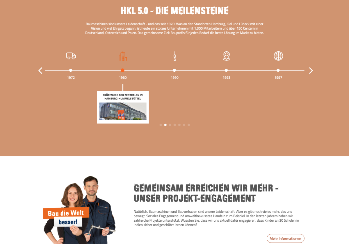 Orangefarbener Website-Bereich mit Zeitstrahl und Meilensteinen.