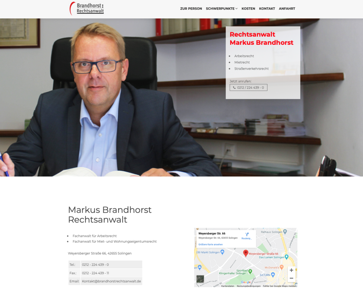 Startseite mit Porträt und Kanzlei-Informationen von Brandhorst Rechtsanwalt.