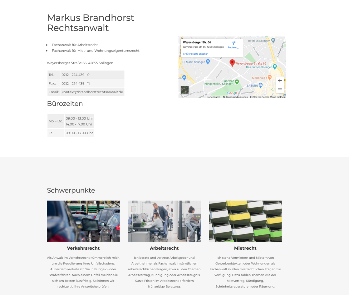 Screenshot mit den Rechtsgebieten der Kanzlei Brandhorst.