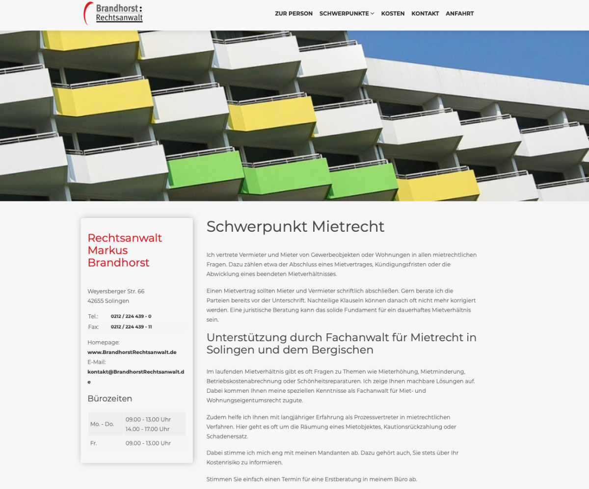 Screenshot einer Fachgebietsseite der Kanzlei Brandhorst.