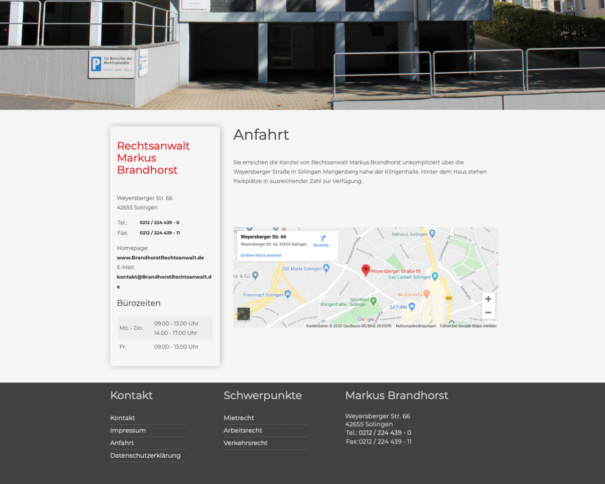 Kontaktseite der Kanzlei Brandhorst mit Anschrift und Lageplan.