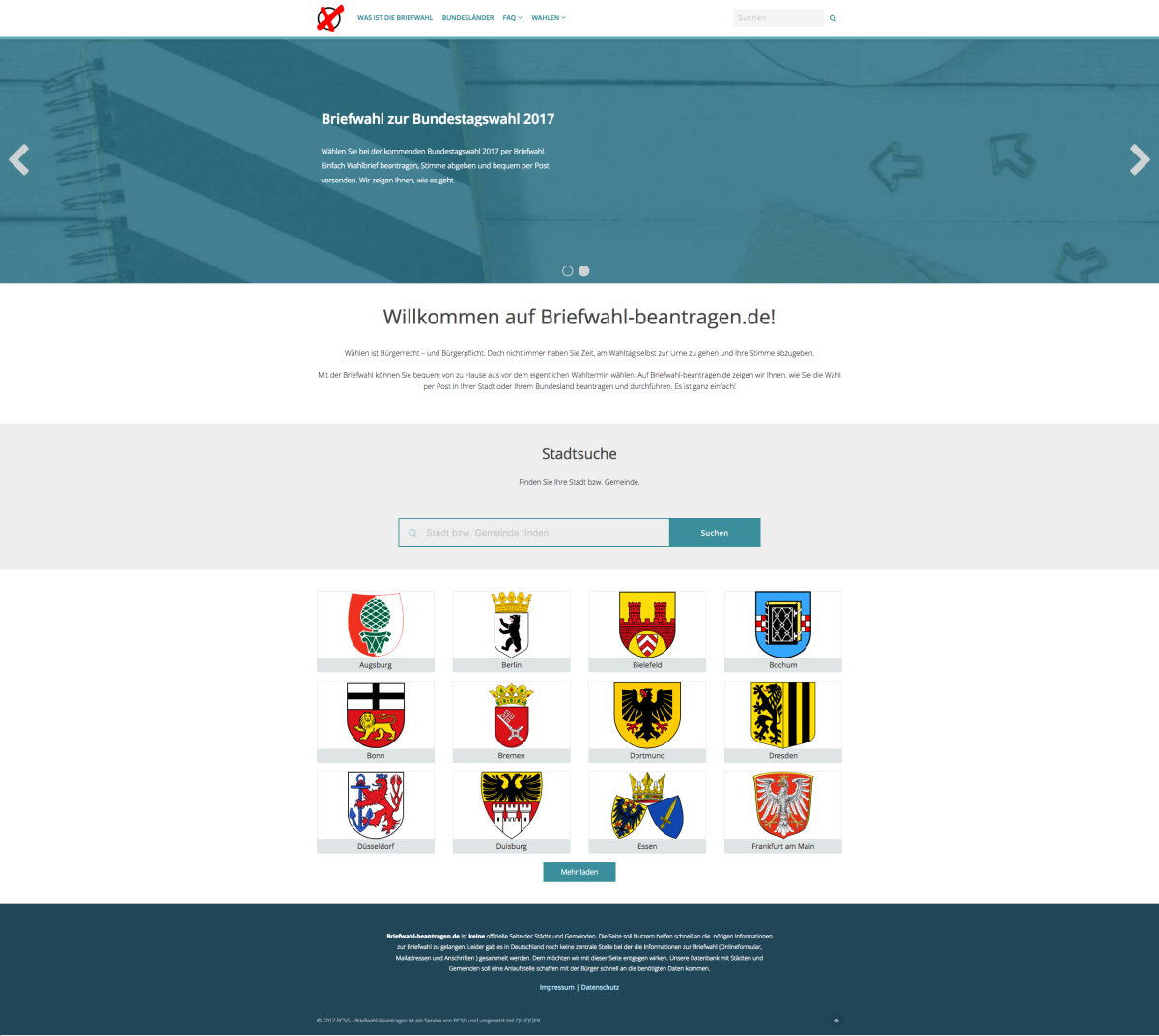 Screenshot der Startseite von Briefwahl beantragen.