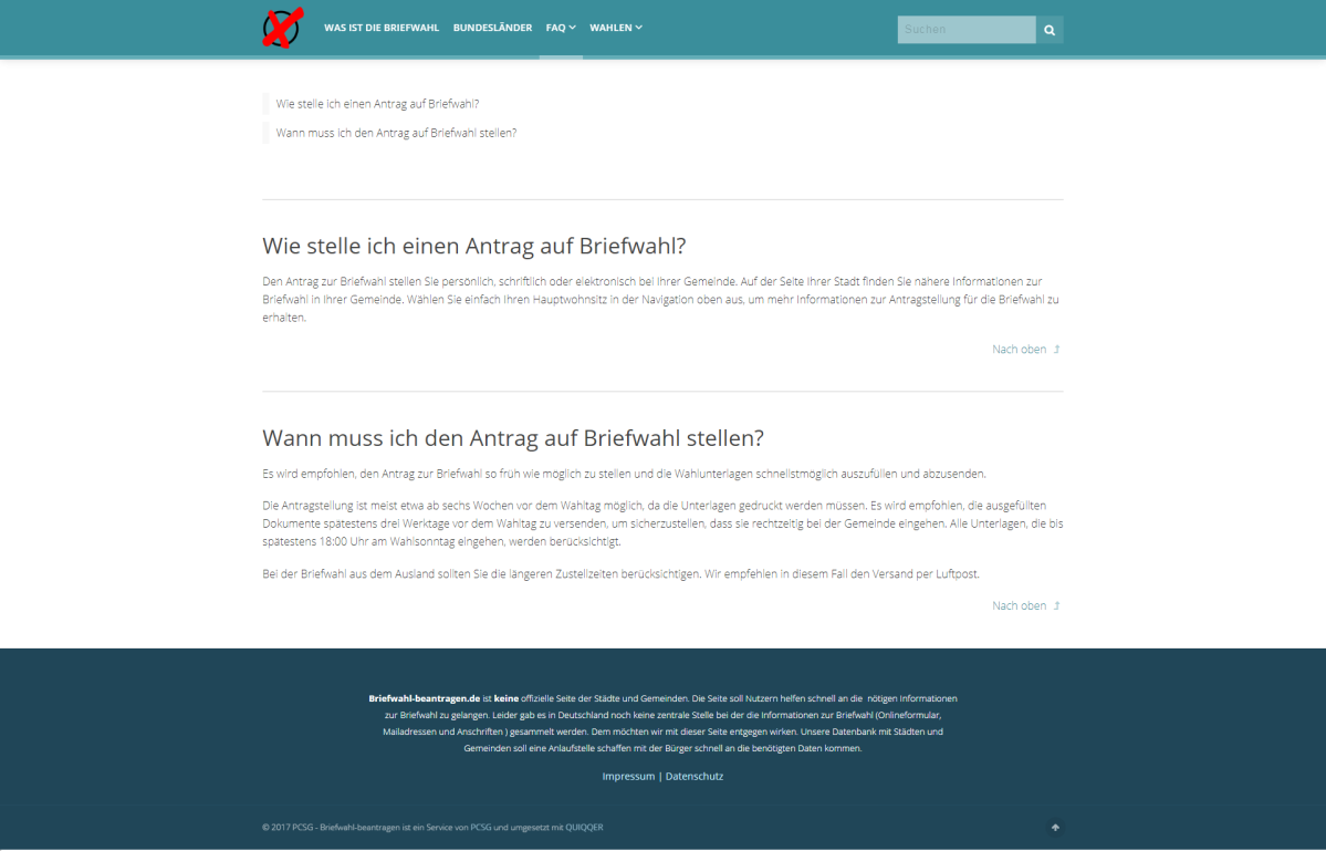 Einzelner FAQ-Eintrag auf der Website „Briefwahl beantragen“.