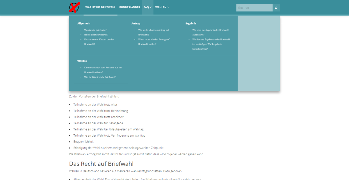 Geöffnetes Navigationsmenü der Website „Briefwahl beantragen“.