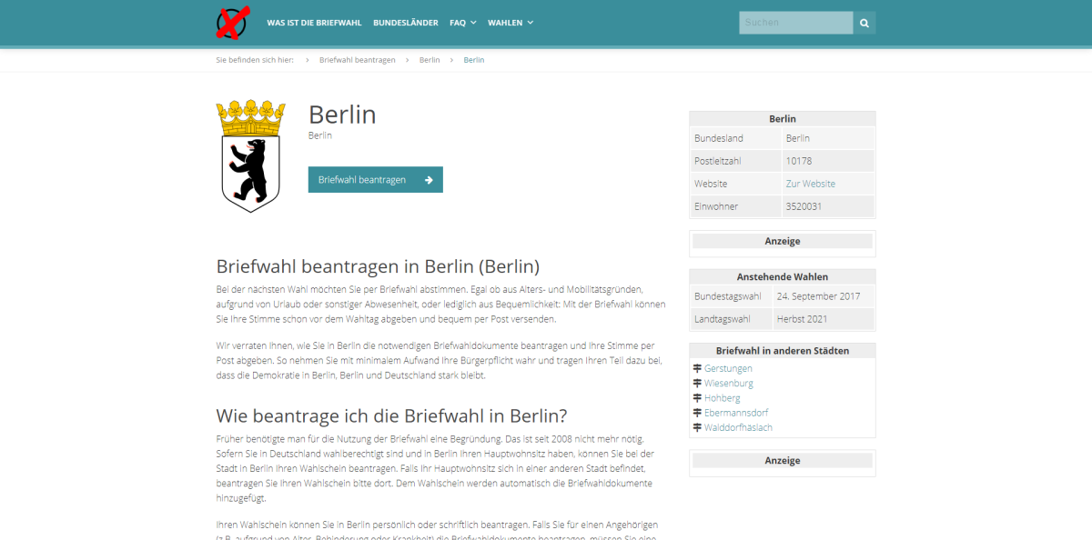 Stadtseite auf „Briefwahl beantragen“ mit Informationen zum Wahlort.