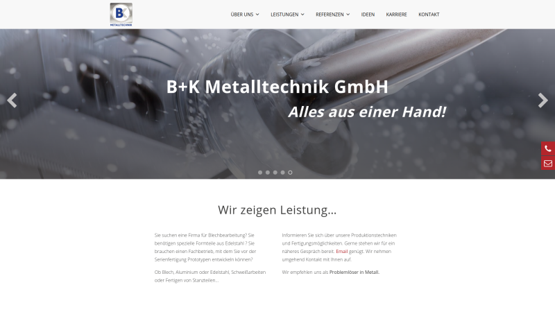 Webseiten-Relaunch für B+K Metalltechnik GmbH Startseite von BK Metalltechnik mit Maschinenfoto.