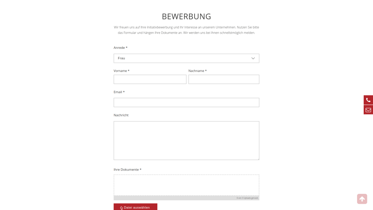 Bewerbungsformular auf der Website von BK Metalltechnik.