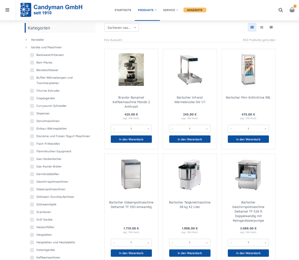 Screenshot der Website von Candyman Equipment.