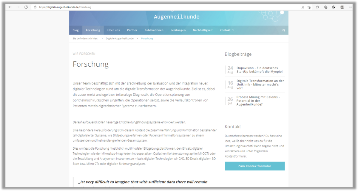 Forschungsseite der Website „Digitale Augenheilkunde“.