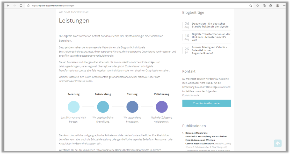 Leistungsübersicht auf der Website von Digitale Augenheilkunde.