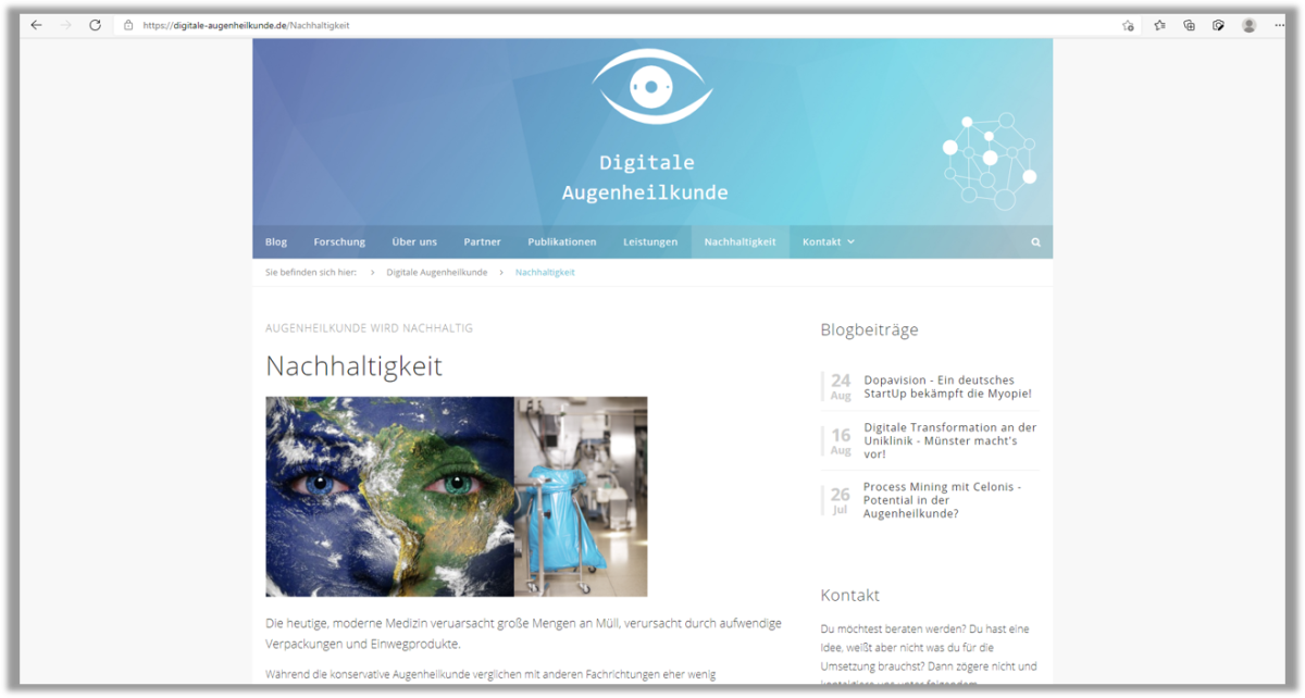 Nachhaltigkeitsseite der Website „Digitale Augenheilkunde“.