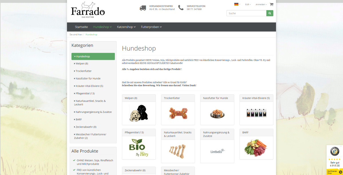 Screenshot des Farrado-Online-Shops mit Hundefutter und Zubehör.