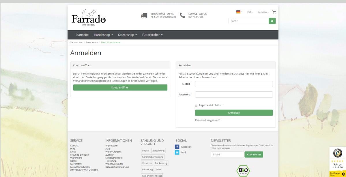 Anmeldeseite der Website von Farrado.