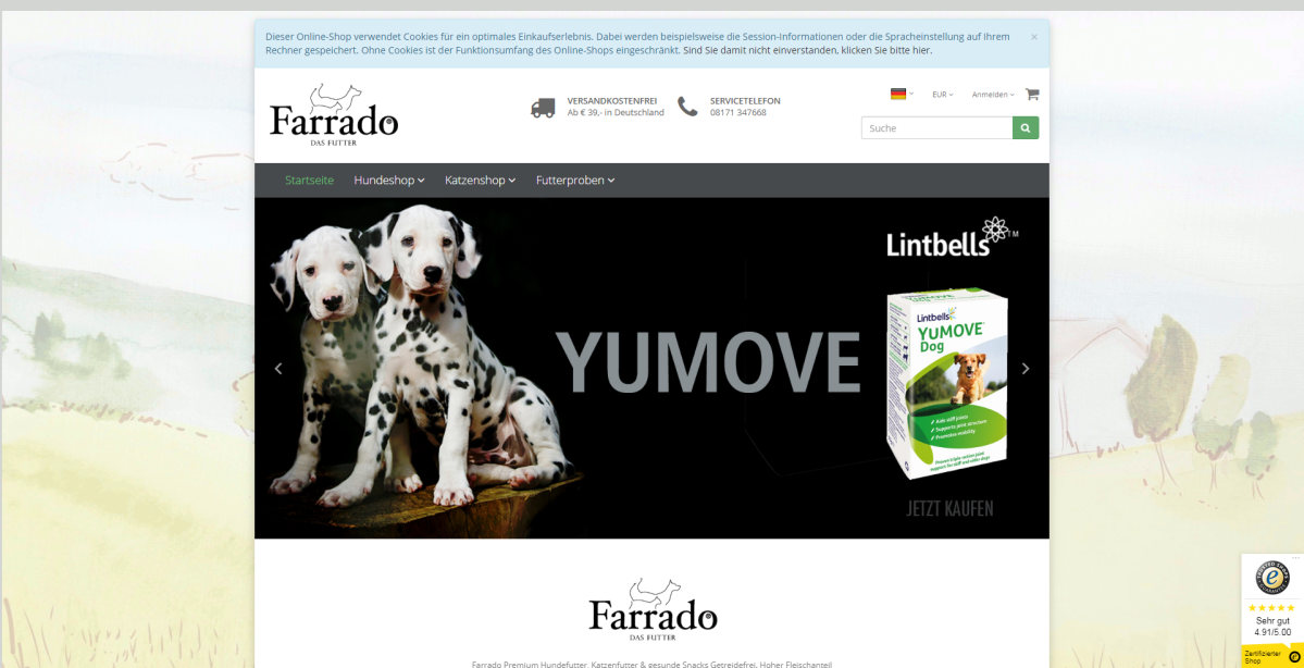 Screenshot der Startseite von Farrado.