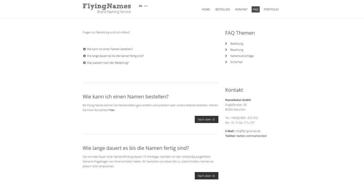 FAQ auf der Website von FlyingNames.