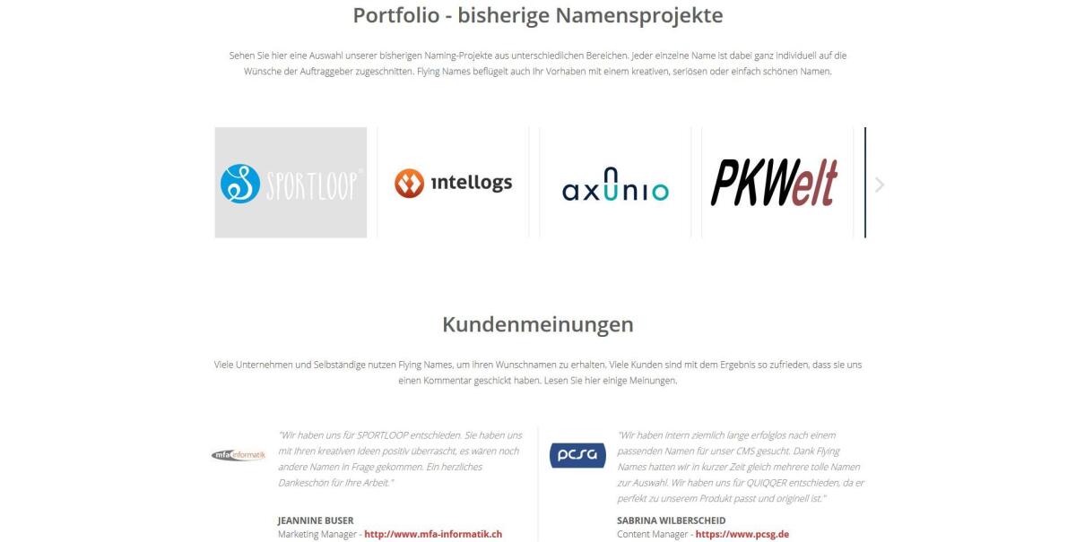 Portfolio auf der Website von FlyingNames.