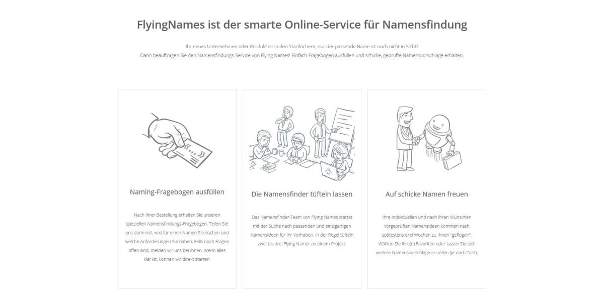 Screenshot der Startseite von FlyingNames.