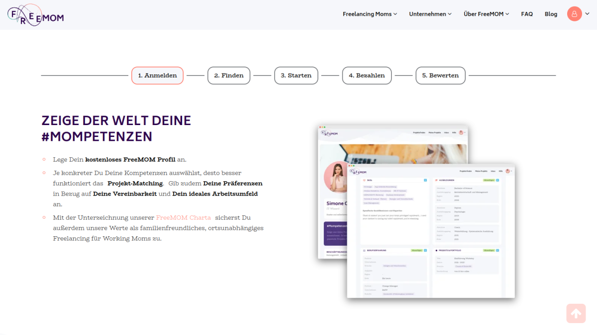 FreeMOM-Seite mit Plattform-Vorschau und Erläuterungen.