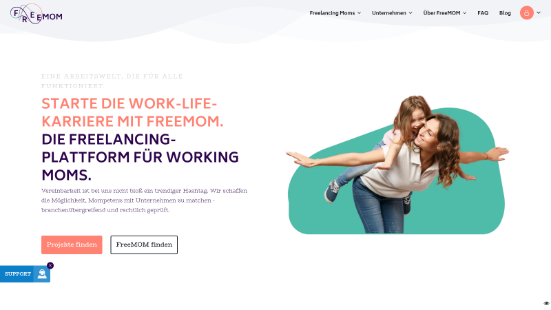 PCSG entwickelt bahnbrechende Plattform FreeMom Startseite von FreeMOM mit zwei Frauen und Informationen zum Arbeitsmodell.