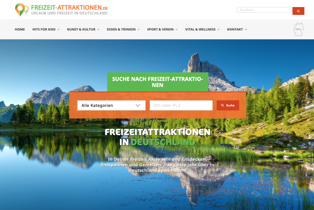 Freizeit-Attraktionen.de – Startseite Startseite mit Suchfeld vor einem Bergsee.