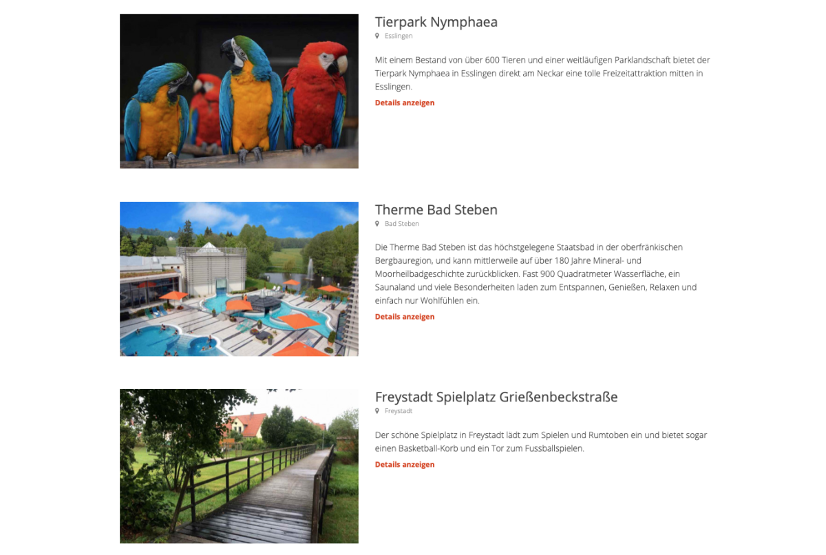 Freizeit-Attraktionen.de – Ergebnisliste Liste mit Freizeitattraktionen und Vorschaubildern.