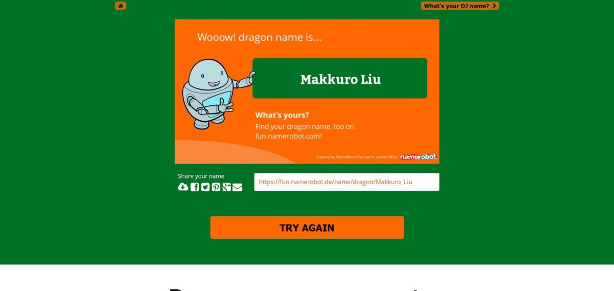 Screenshot des Drachen-Namensgenerator mit einem generierten Namen.