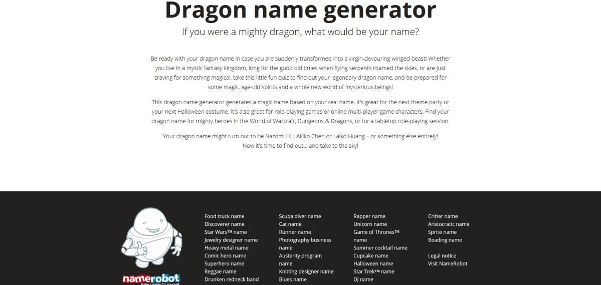 Screenshot des Drachen-Namensgenerator mit einer Erklärung.