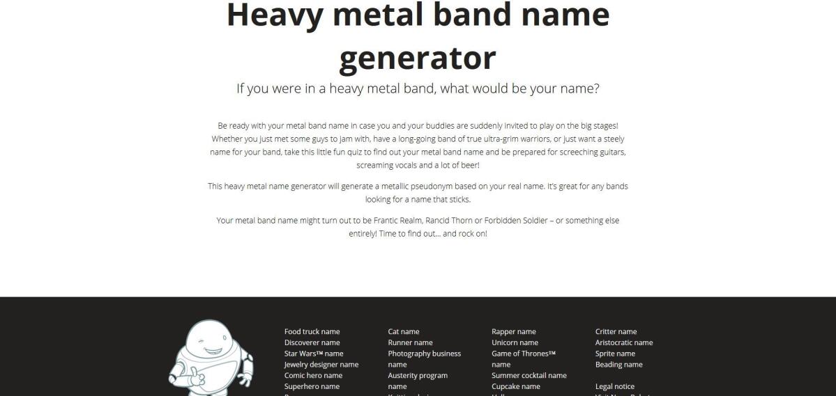 Screenshot des Heavy-Metal-Namensgenerator mit einer Erklärung.