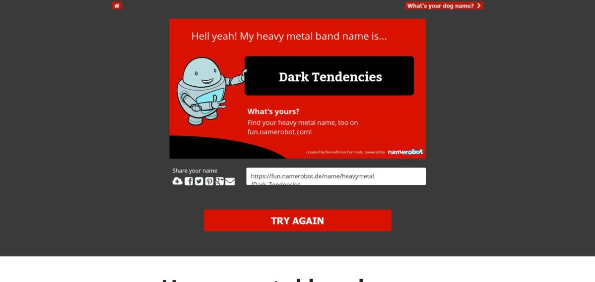 Screenshot des Heavy-Metal-Namensgenerator mit einem generierten Namen.