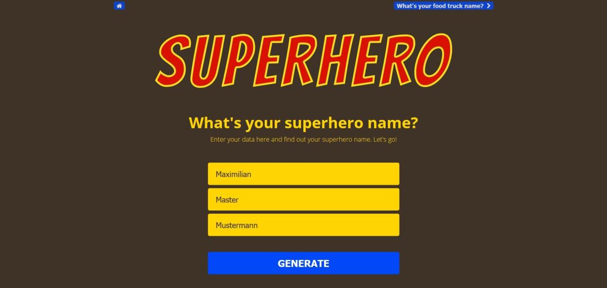 Screenshot des Superhelden-Namensgenerator.