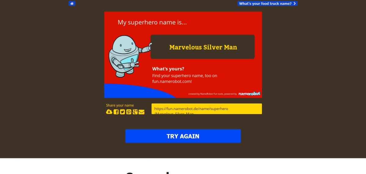 Screenshot des Superhelden-Namensgenerator mit einem generierten Namen.