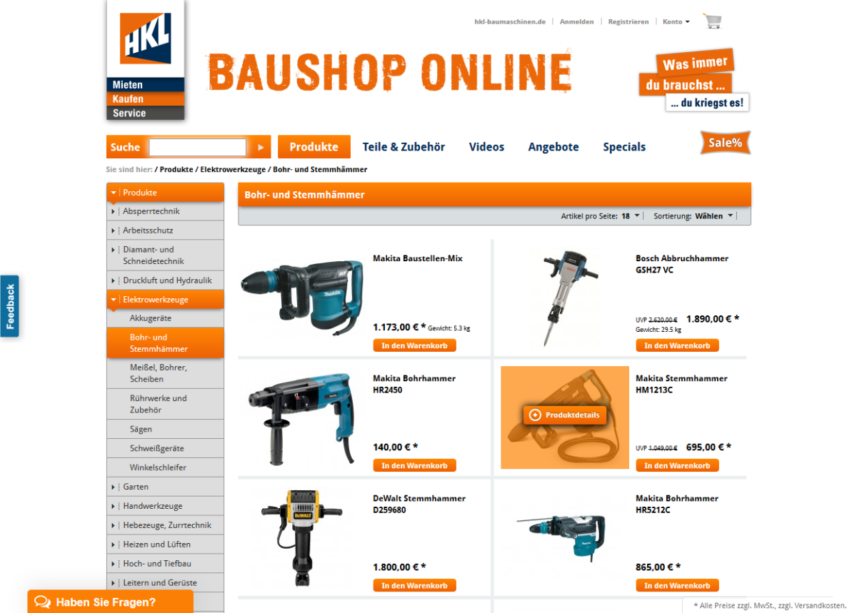 HKL Baushop – Produktansicht Produktansicht auf der Website von HKL Baushop.