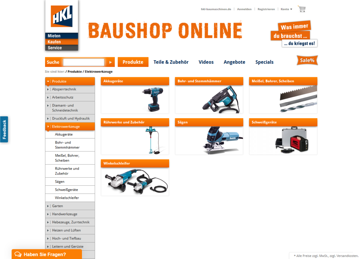 HKL Baushop – Kategorien Kategorien auf der Website von HKL Baushop.