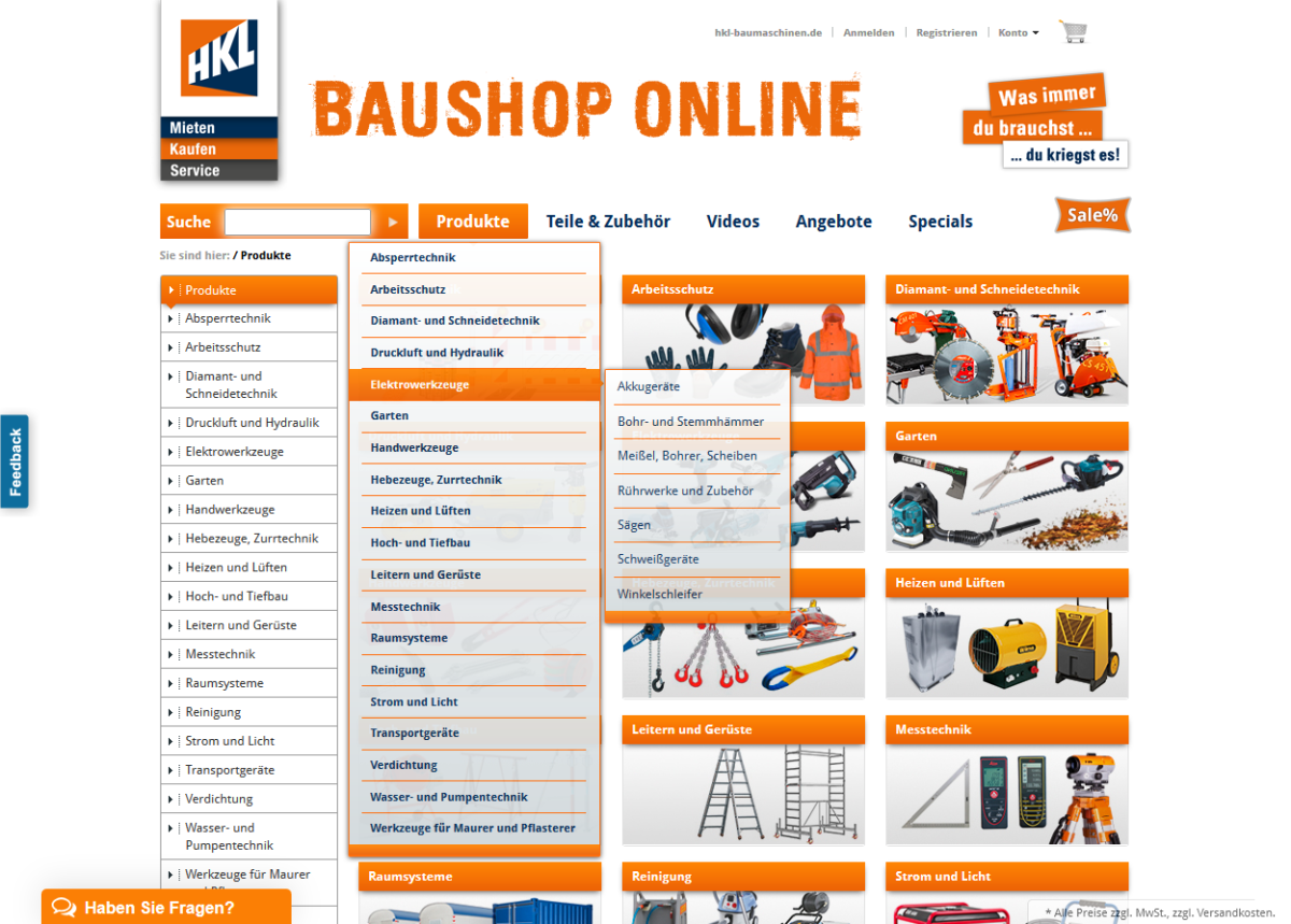 HKL Baushop – Website Screenshot der Website von HKL Baushop.