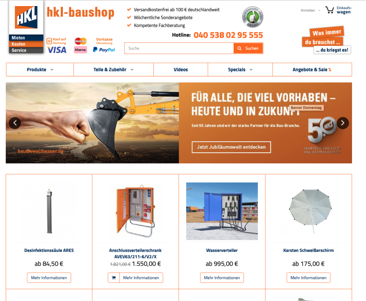 HKL Baushop – Startseite Startseite des HKL Baushops mit Aktionsbanner und Produktkacheln.