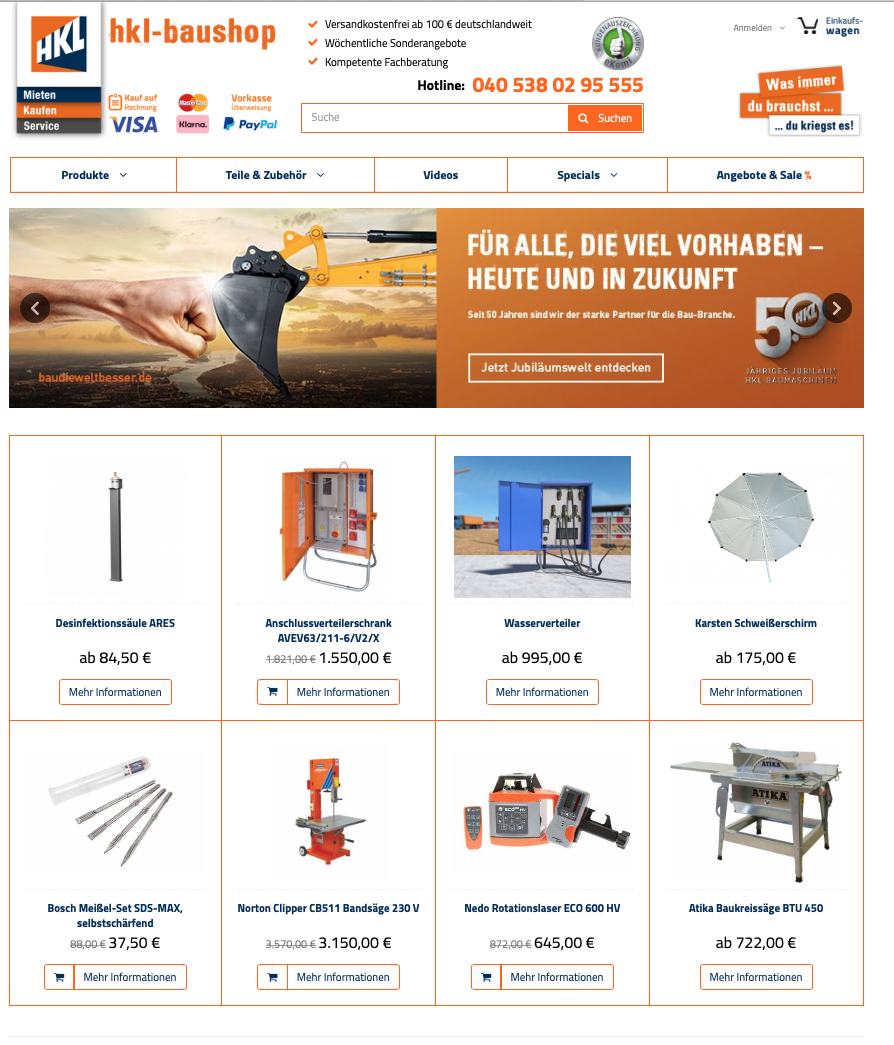 HKL Baushop – Produktsortiment Screenshot des HKL Baushops mit mehreren Produktkategorien.