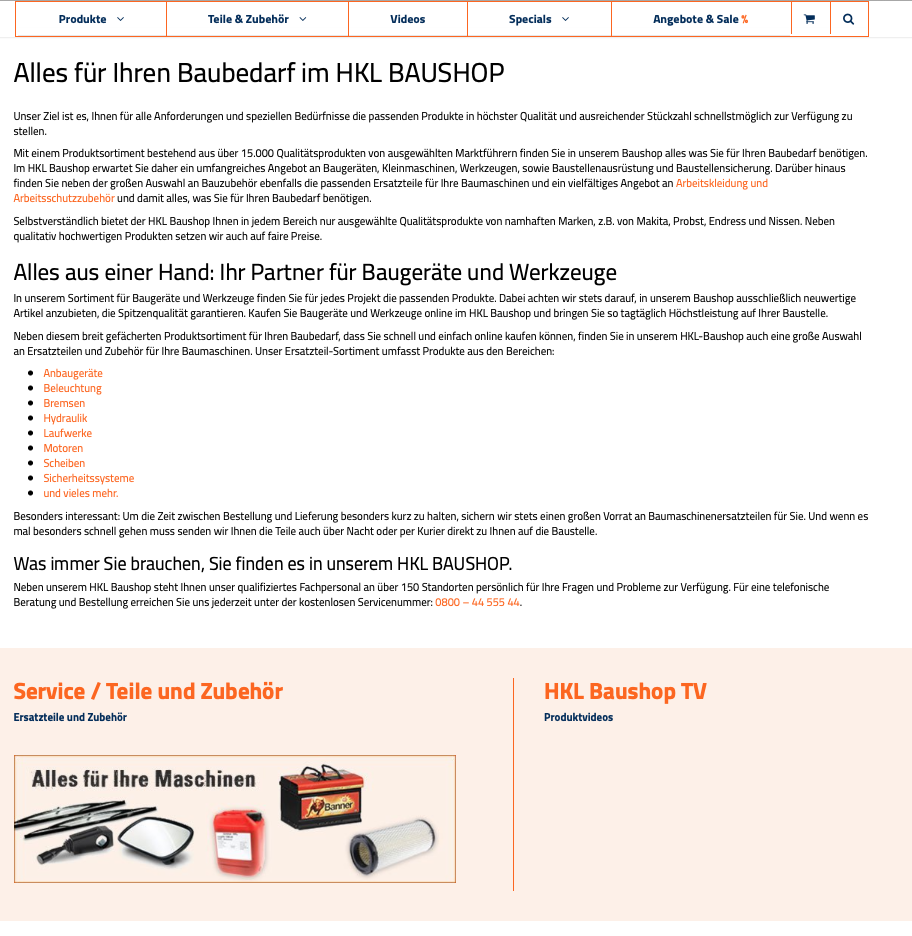 HKL Baushop – Informationsseite Informationsseite des HKL Baushops mit Text und Produktbildern.