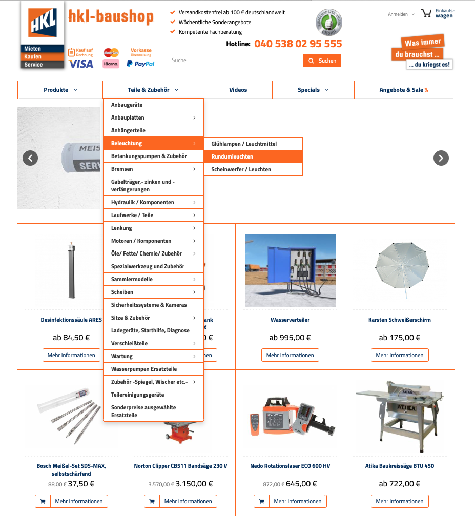 HKL Baushop – Navigation Geöffnetes Navigationsmenü im HKL Baushop.