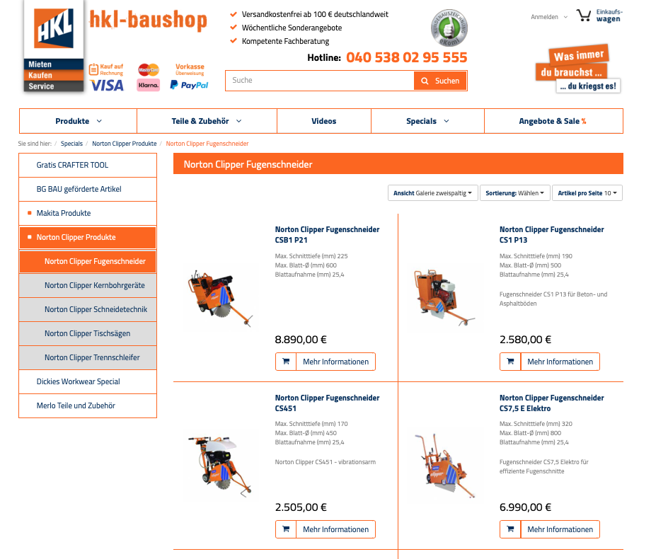 HKL Baushop – Produktliste Produktliste mit Baumaschinen-Zubehör im HKL Baushop.
