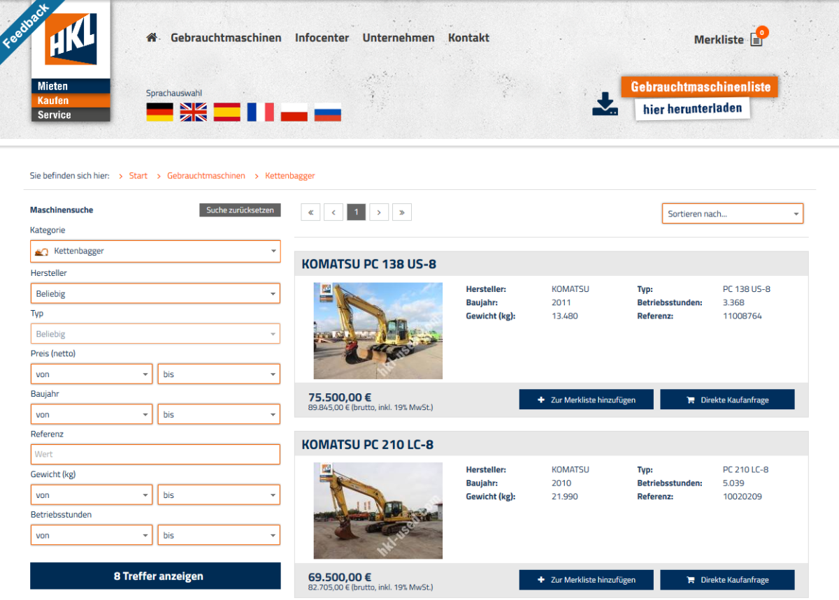 HKL Used – Produktansicht Produktansicht auf der Website von HKL Used.