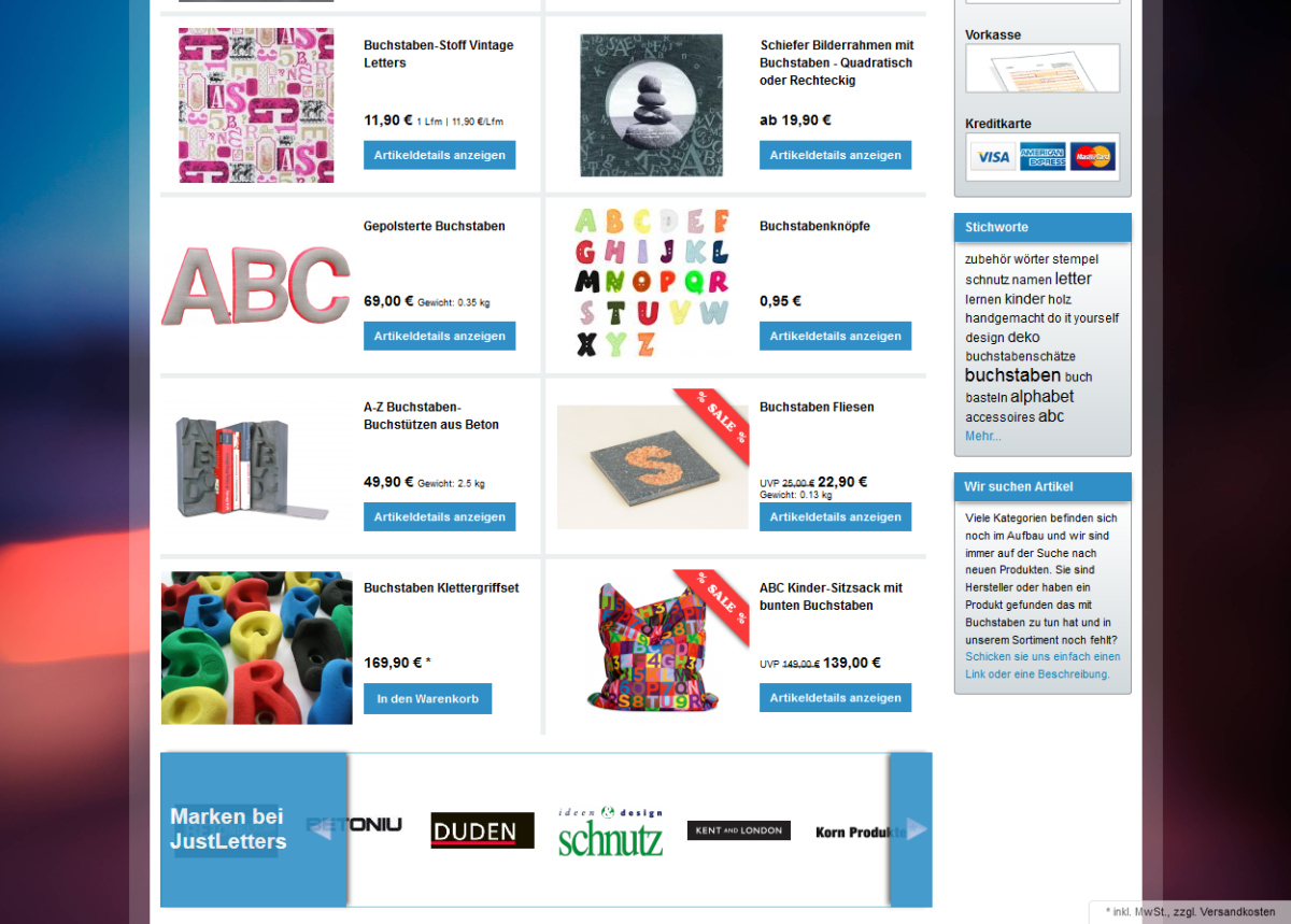 Screenshot der Website von JustLetters.