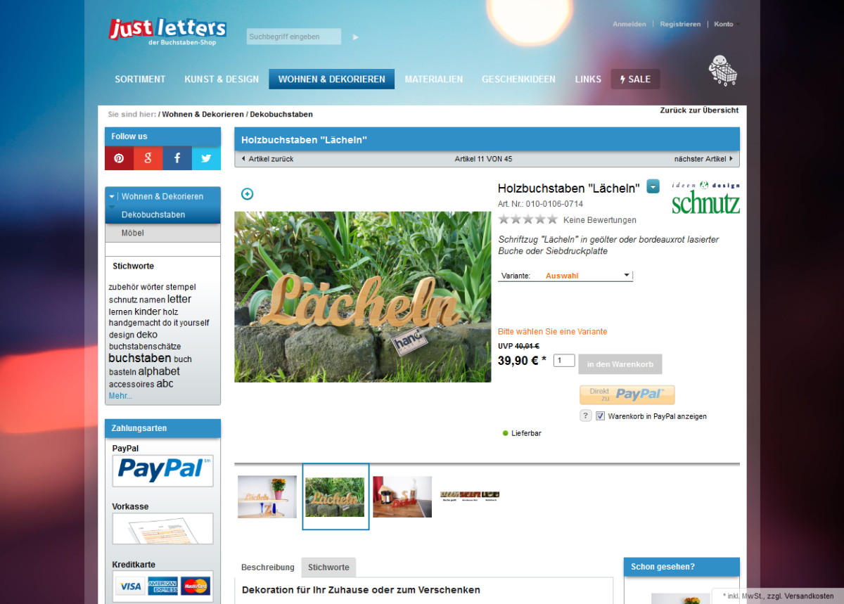 Produktansicht auf der Website von JustLetters.