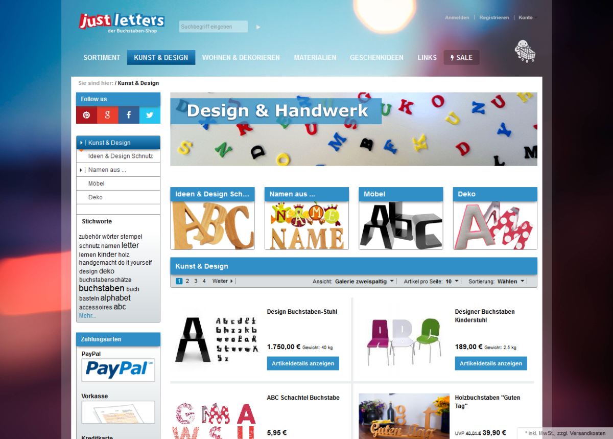 Kategorien auf der Website von JustLetters.