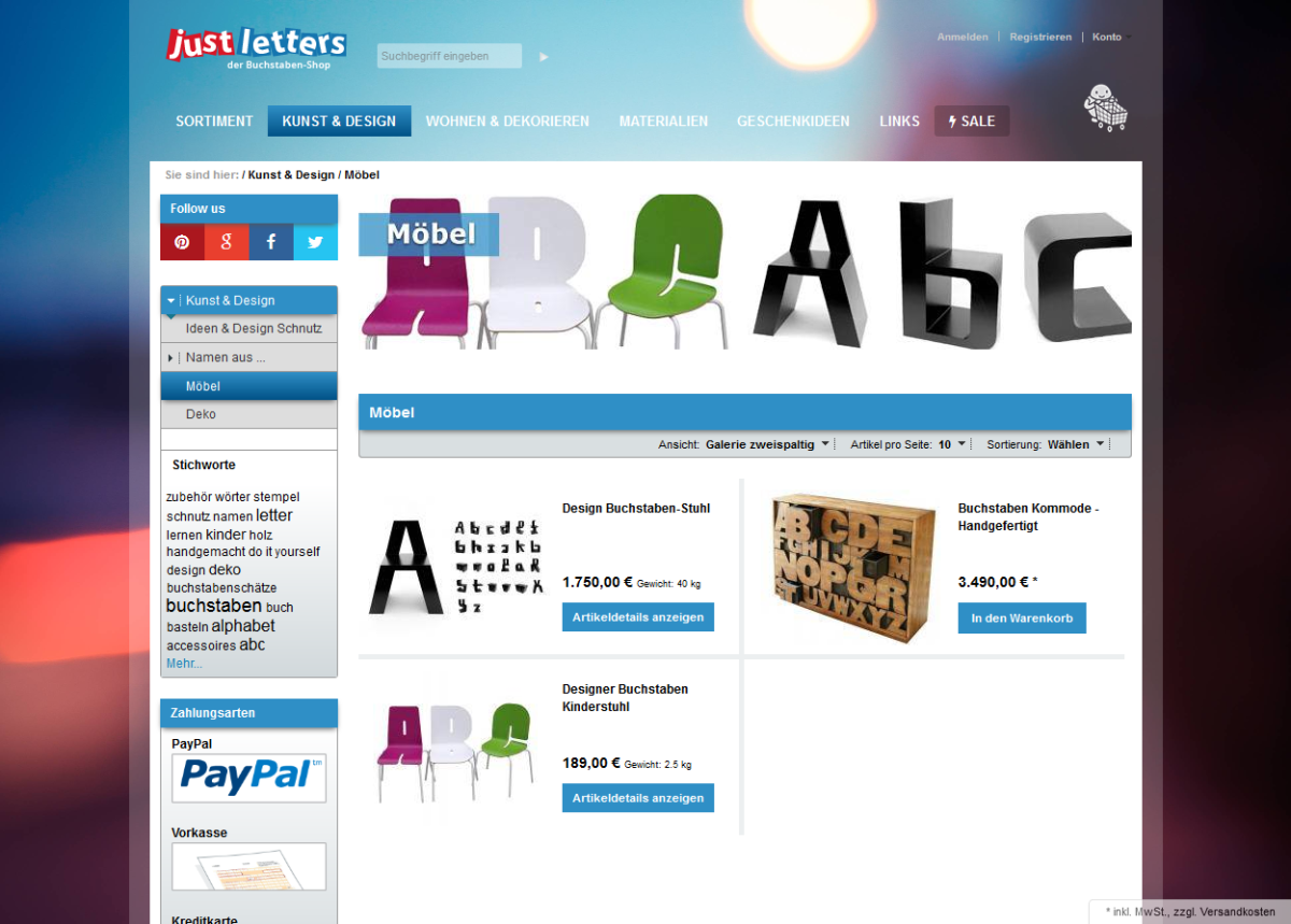Screenshot der Website von JustLetters.
