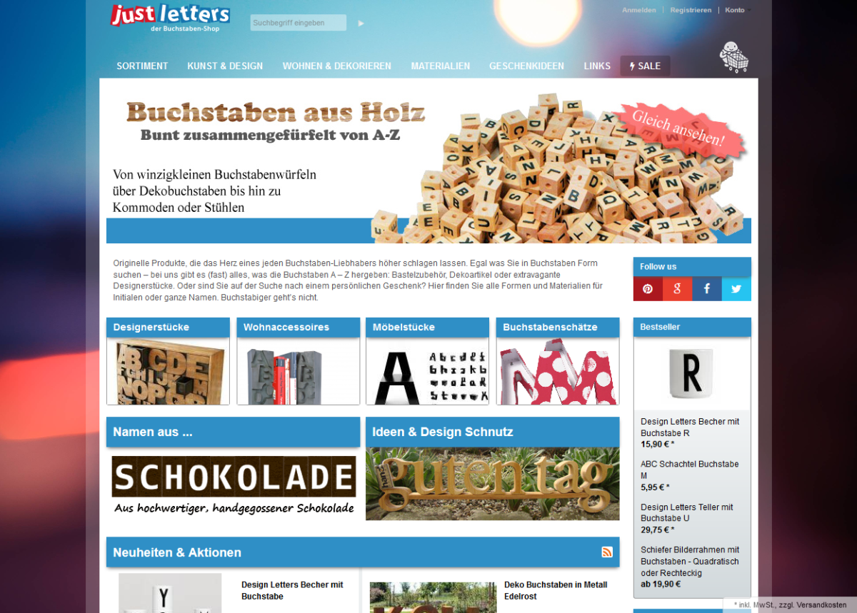 Screenshot der Website von JustLetters.
