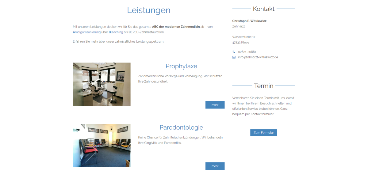 Leistungsübersicht auf der Website von Zahnarzt Kleve.