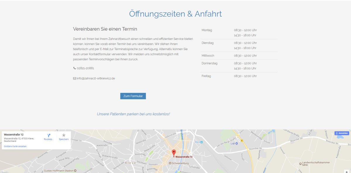 Öffnungszeiten und Kontaktangaben auf der Website der Zahnarztpraxis.