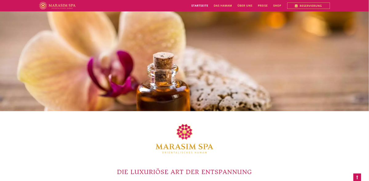 Marasim Spa – Unser Versprechen Marasim-Spa-Seite mit Wellness-Foto und dem Versprechen des Anbieters.