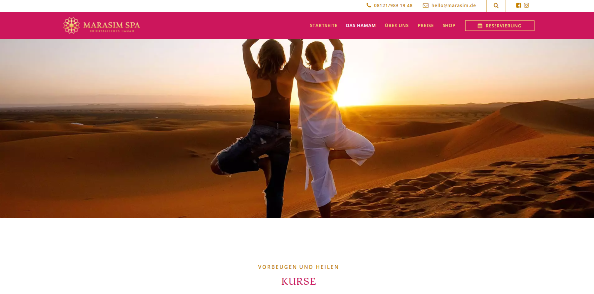 Marasim Spa – Kurse Marasim-Spa-Seite mit Kursangeboten und Wüstenfoto.